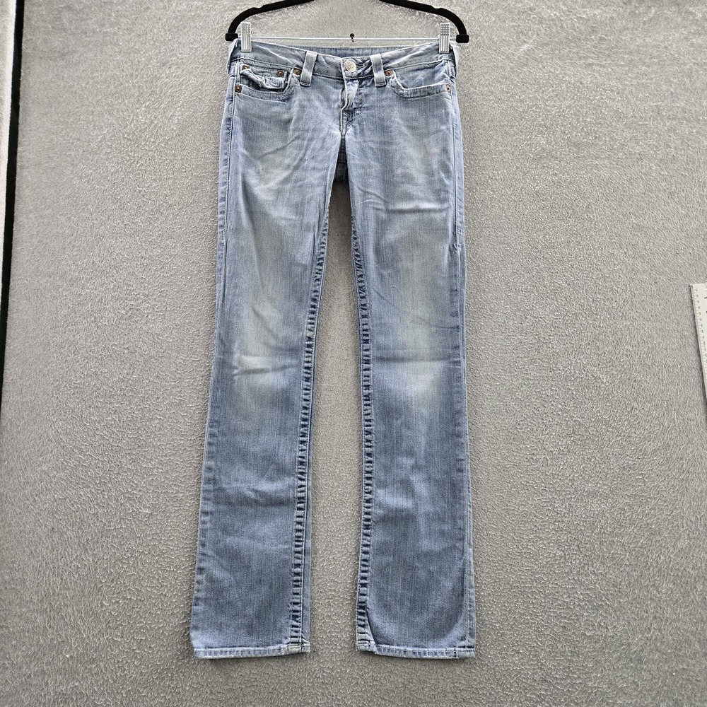 VINTAGE True Religion Women Jeans 28 Blue Straight Embroidered Flap Pocket READ